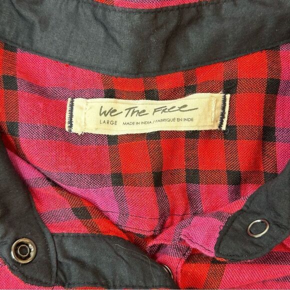 WE THE FREE Pacific Dawn Plaid Shirt Red Pink Cinch Waist Tie Back Size Large - Picture 4 of 16